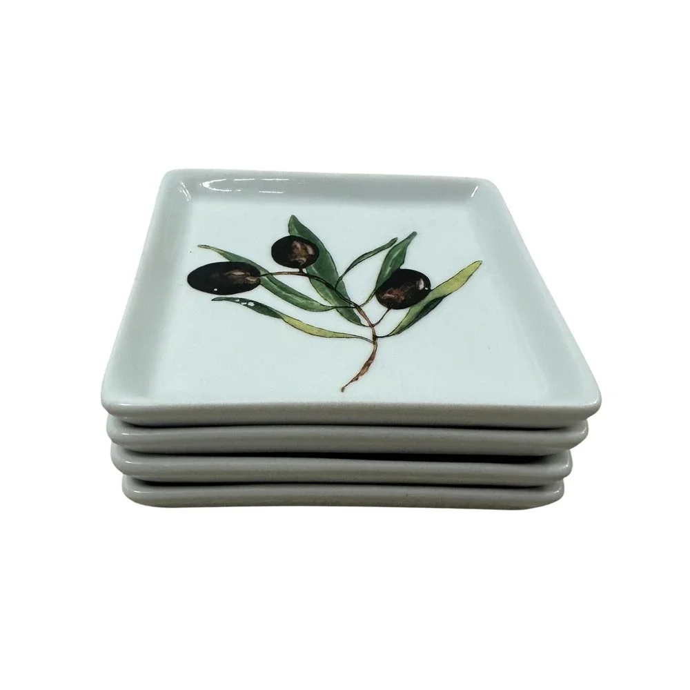 Crate & Barrel Olive Branch Porcelain Square Appetizer Plates Set of 4 White